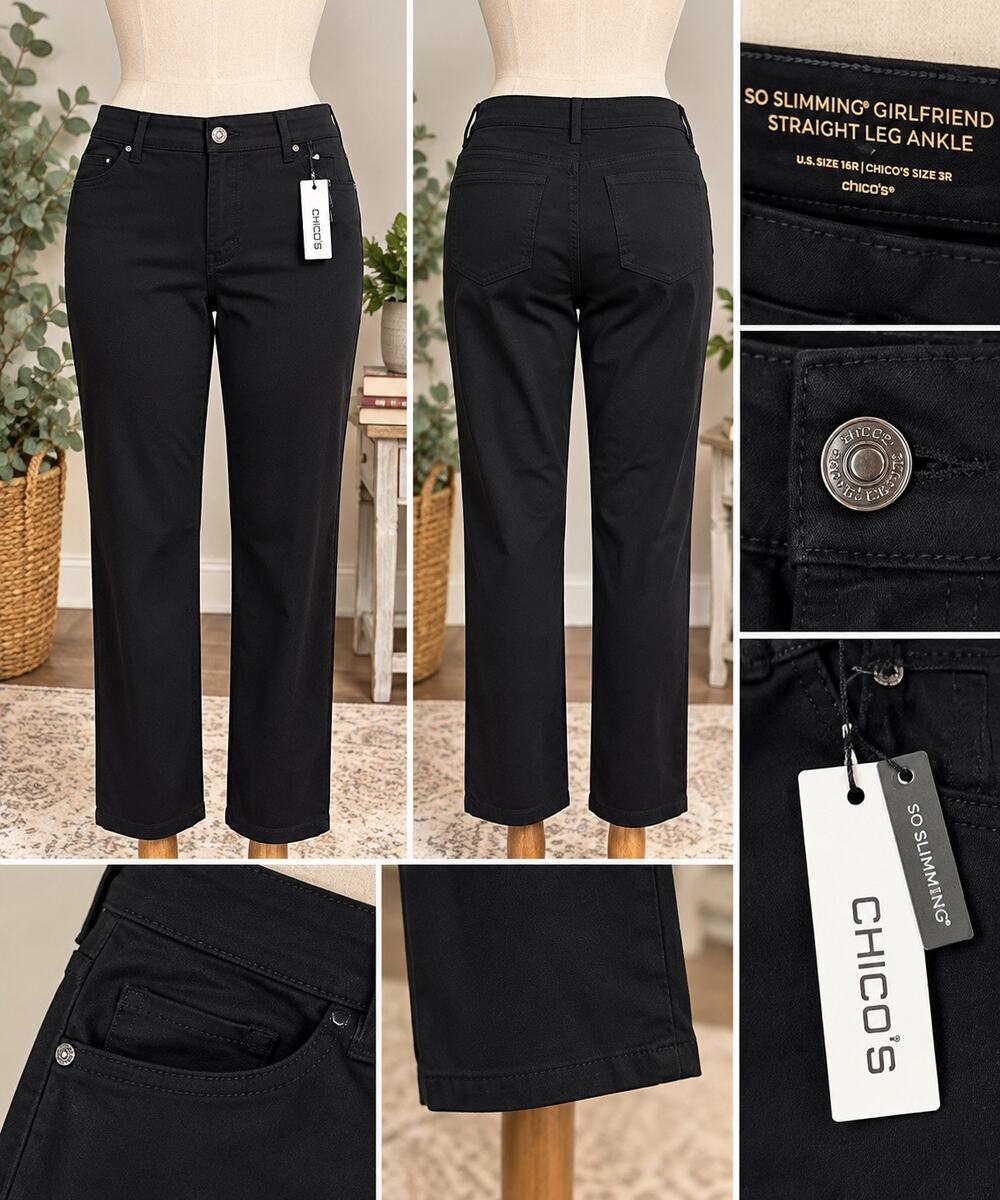 Chico’s So Slimming Girlfriend Straight Leg Ankle Pants Black Size 3R NWT